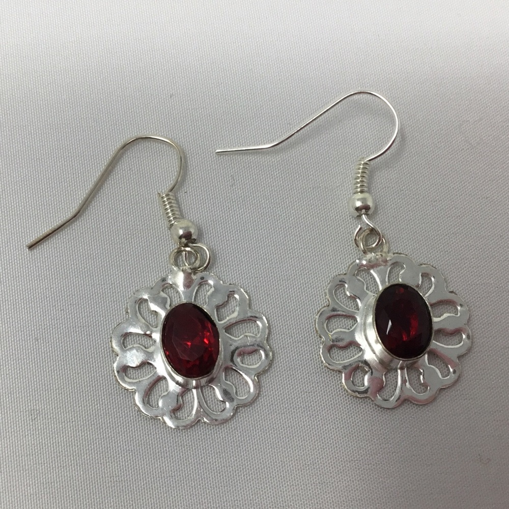 Silver & Deep Red Stone Drop Pierced Earrings